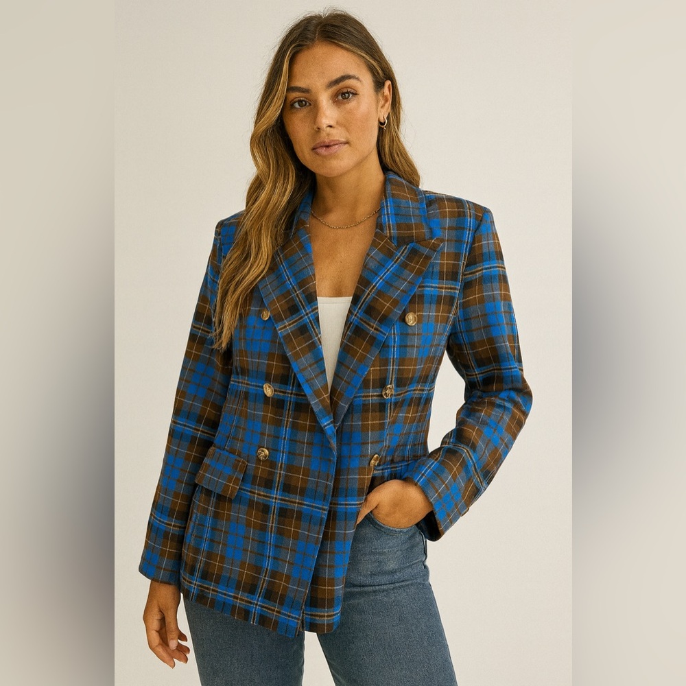 5151. RESTOCK Blue and Brown Plaid Women's Blazer